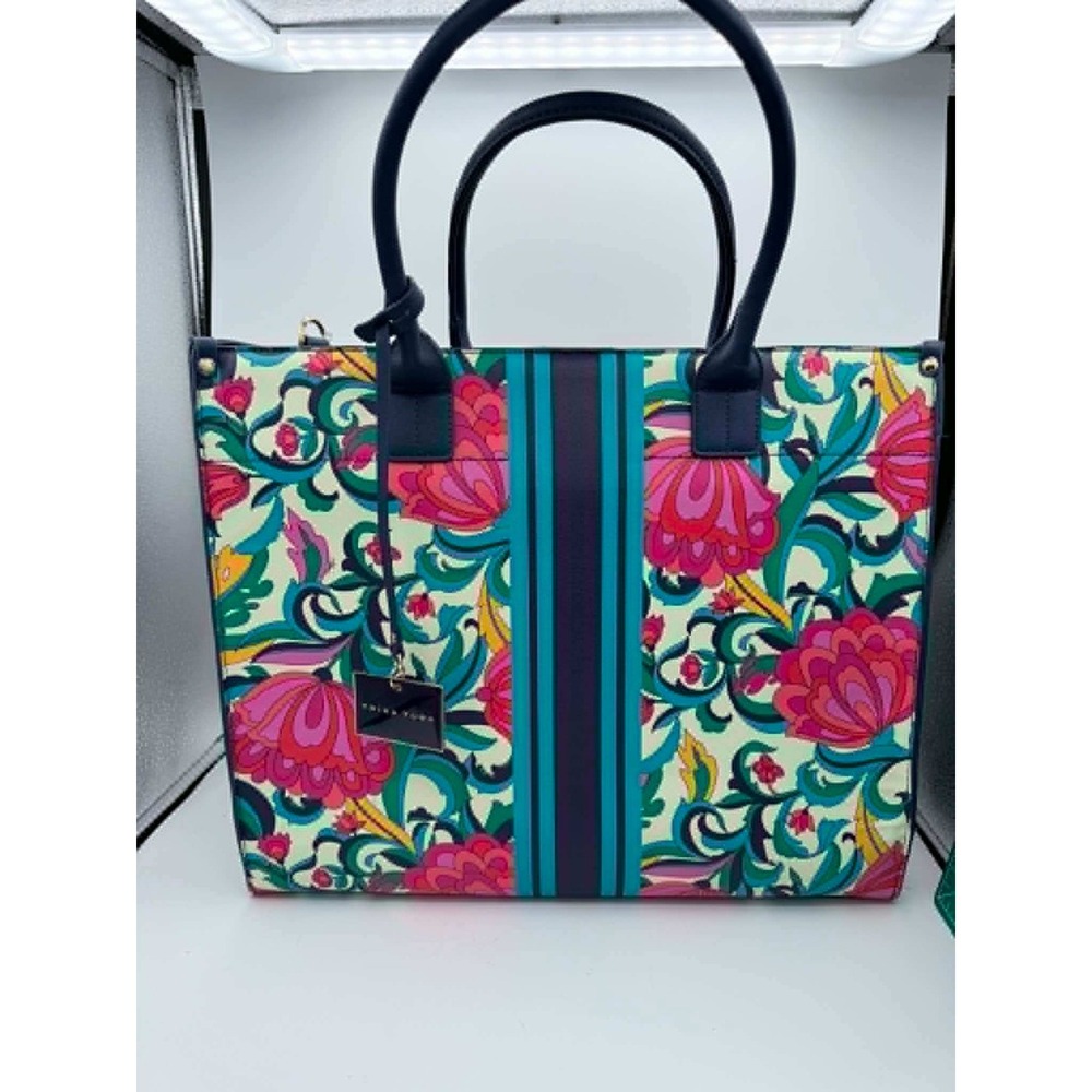 Trina Turk Festival Floral Tote Bag Multi Color Striped Canvas Faux Leather NWT